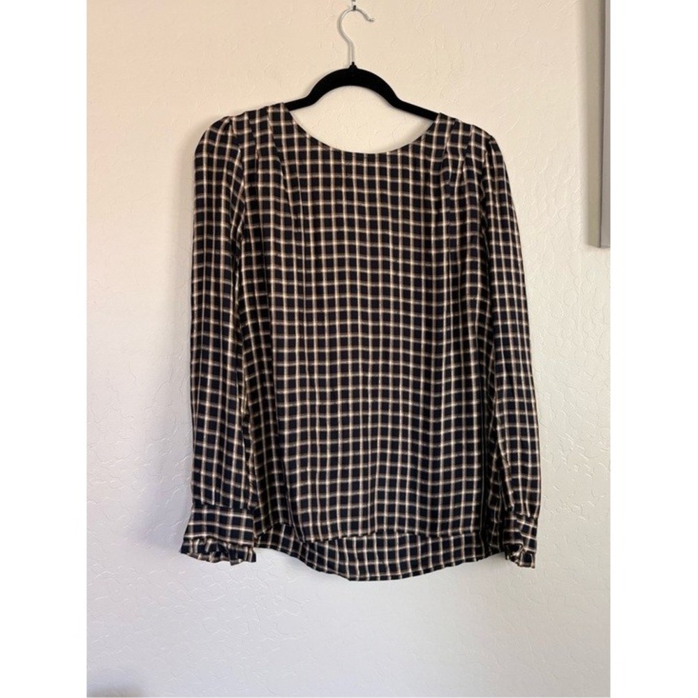 LOFT Plaid Blouse Women Size M Black Excellent Metallic Puff Sleeve Ruffle